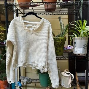PLANET GOLD Cream Textured Knit Mid Crop Top Distressed SOFT Size Small NWOT